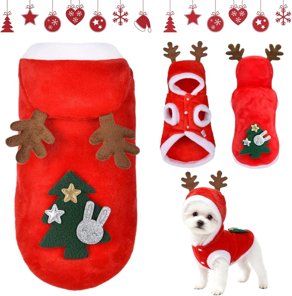 Kerstkostuum voor Huisdieren, Feestelijke Kleding voor Katten en Honden, Rendier Outfit voor Dieren, Kerstmis, Dierenverkleedkleding, Honden- en Kattenkleding (Rood, L)