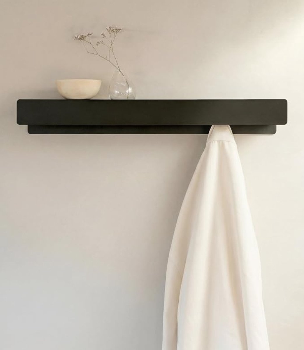 Wandkapstok met Plank en 6 Haken - Zwart Metaal - Minimalistisch Design - Designed in Berlin