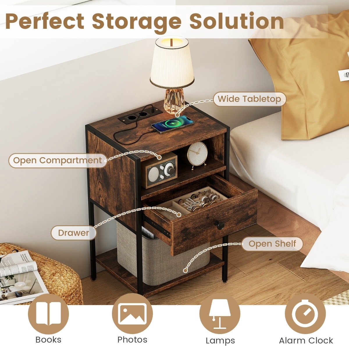SureDeal® - Nachtkastje - Oplaadstation Industriële Bijzettafel - Open Vak Compact - 39,4x31,8x64,8 cm - Koffiebruin