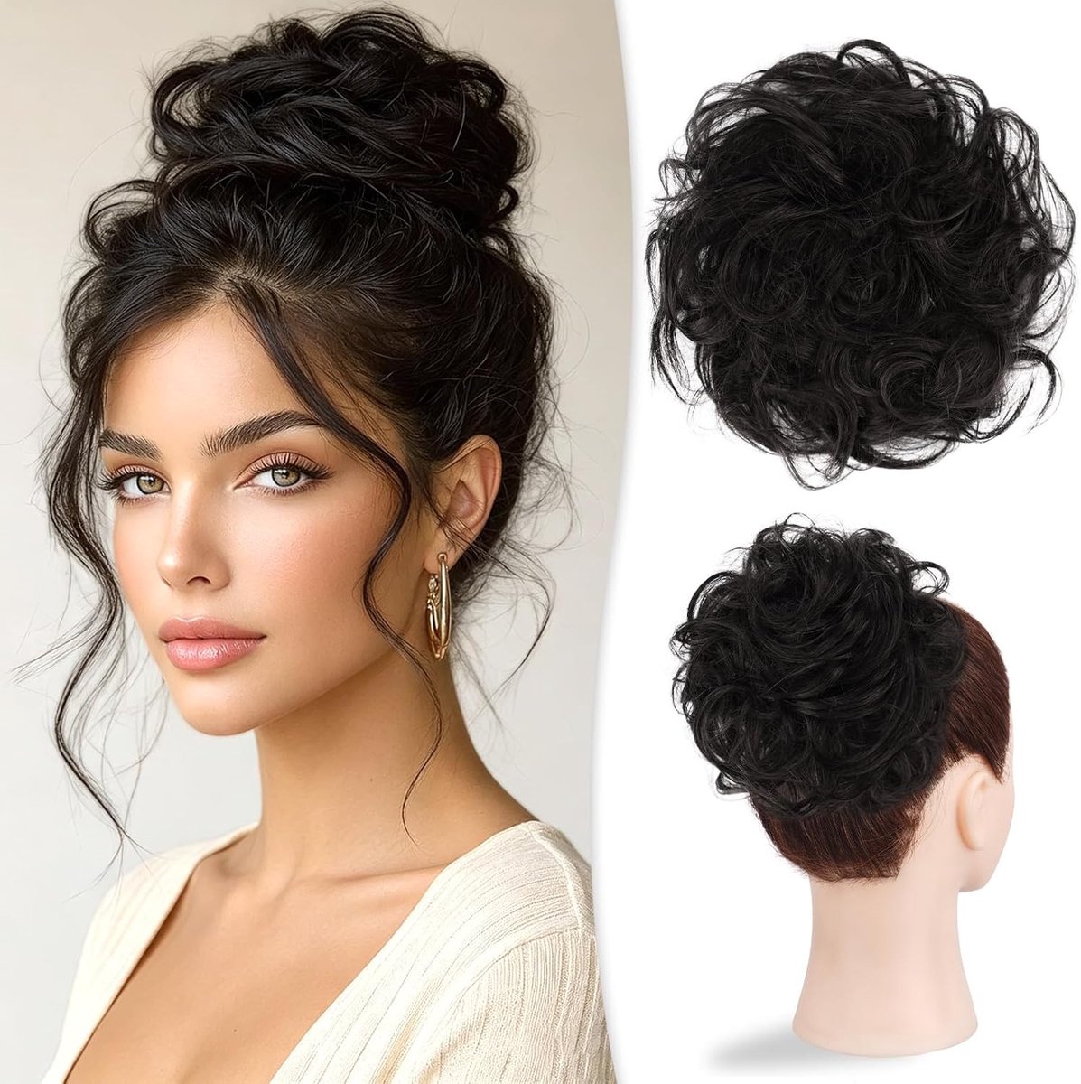 Natuurlijke Zwarte Haarbun voor Vrouwen - Krullend en Golvend Haarstukje, Elastische Updo Haaraccessoire van 32g
