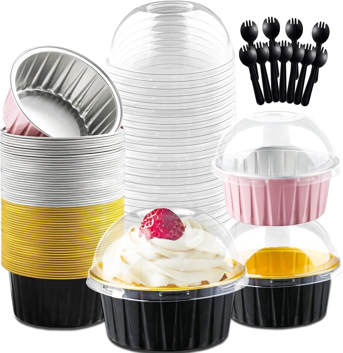 Mini broodcakevormpjes 60 stuks 150 ml met deksels en lepels voor cupcakes, bruidstaart en feestelijke gelegenheden
