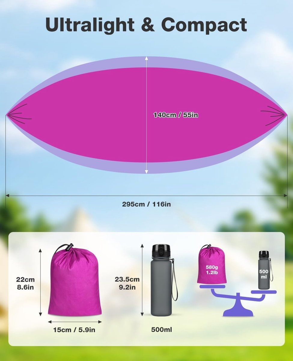 Ruimtebesparende Hangmat 295x140cm, Lichtgewicht Parachute Nylon, Ideaal voor Kamperen, Wandelen en Tuingebruik, 800lbs Draagcapaciteit, Sneldrogend en Inclusief Bevestigingsriemen
