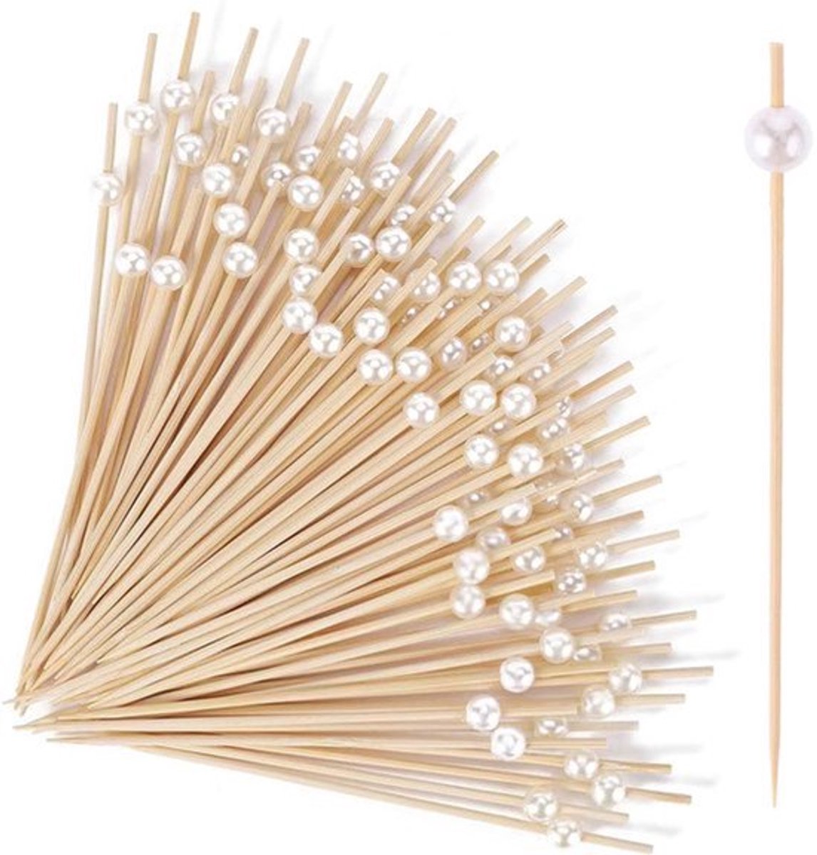 Pack van 100 Cocktailprikker - 12 cm - Houten Appetizerprikkers met Witte Parels