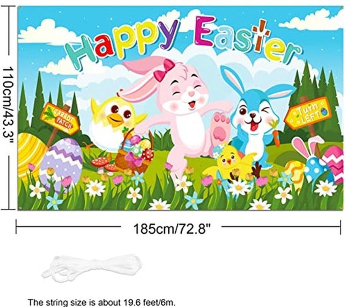 Happy Paasbanner voor paasfeestdecoratie, paasjacht, speldecoratie, paasdecoratie, buitendecoratie, paasactiviteiten, poster achtergrond, decoratie, 185 x 110 cm