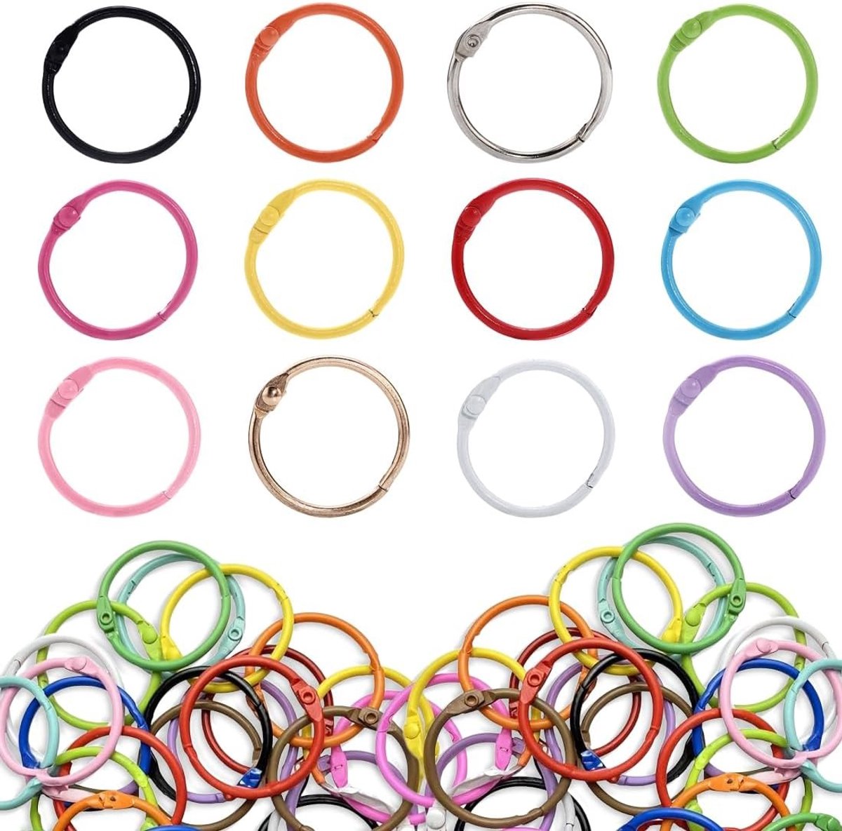 Set van 60 gekleurde binders met 30 mm boekringen voor losse vellen, DIY scrapbooking en sleutelhangers, ideaal voor creatief gebruik en organisatie