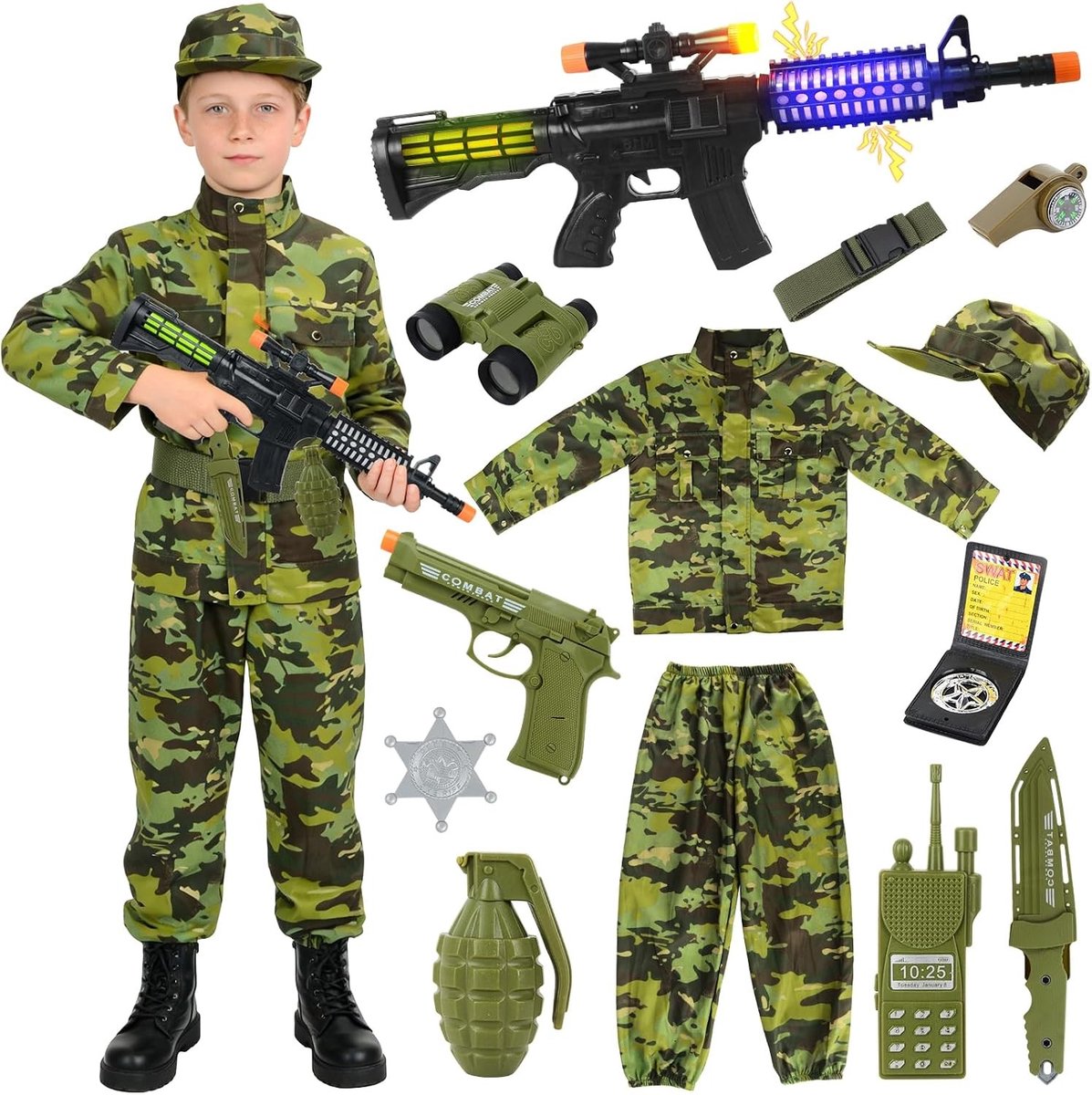 Militaire Kostuum voor Kinderen met Camouflage Overalls, Telescopen en Walkie Talkie voor Halloween en Carnaval