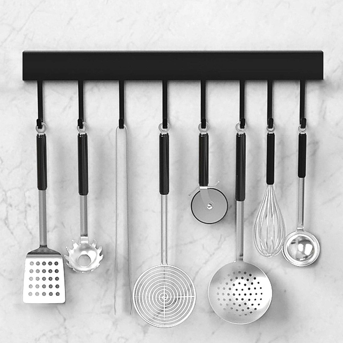 Wandbeugel voor Keukengerei - 40cm met 8 Haken - Zwart