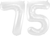 De Ballonnenkoning - Folieballon Cijfer 75 Wit Metallic Mat - 86 cm