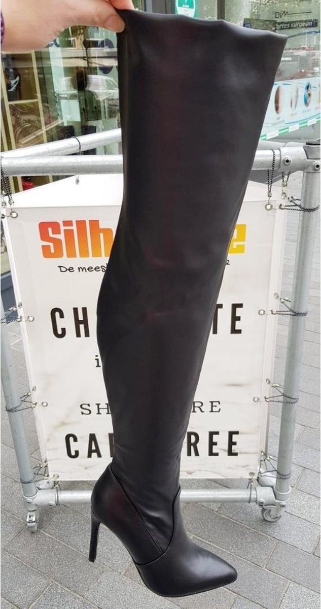 Zwarte overknee laarzen met 11 cm hoge hak Stretch overknees voor volle kuiten met. bol