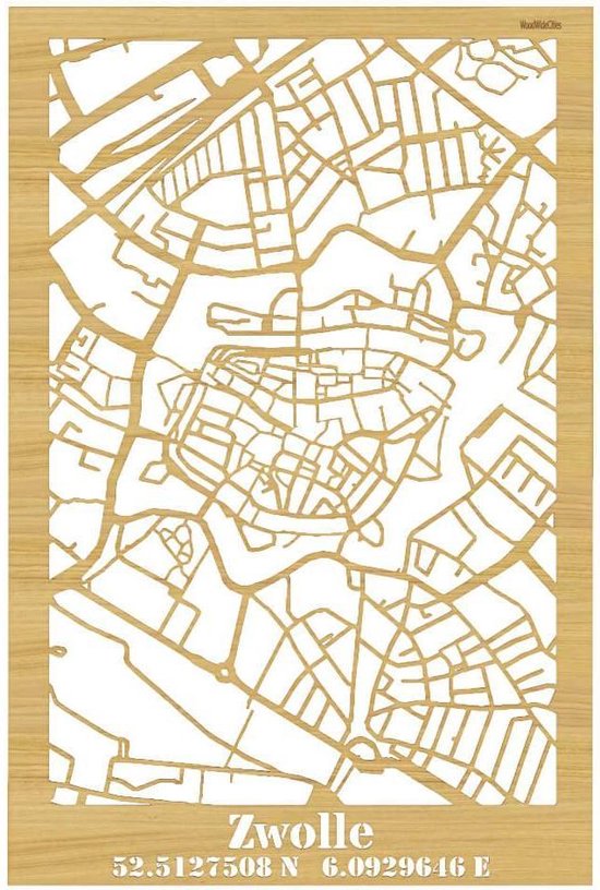 Citymap Zwolle Zwart hout - 60x90 cm - Stadskaart woondecoratie - Wanddecoratie - WoodWideCities