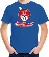 Rendier Kerstbal shirt / Kerst t-shirt Merry Christmas blauw voor kinderen - Kerstkleding / Christmas outfit XS (104-110)
