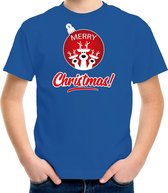 Rendier Kerstbal shirt / Kerst t-shirt Merry Christmas blauw voor kinderen - Kerstkleding / Christmas outfit XL (164-176)