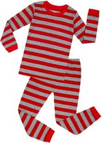 Elowel - Jongen en Meises Gestreepte Pyjama, 2 Delig, 100% Katoen, Comfortabel, Slim fit Broek | 7 Jaar | Rood en Grijs