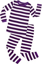 Elowel - Jongen en Meises Gestreepte Pyjama, 2 Delig, 100% Katoen, Comfortabel, Slim fit Broek | 10 Jaar | Paars en wit