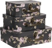 Clayre & Eef Decoratie koffer Set van 3 30*21*9 cm Zwart Karton Rechthoek Bloemen Opbergkoffer Koffer