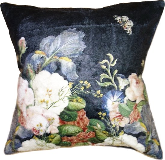 Clayre & Eef Kussenhoes 45x45 cm Blauw Zwart Polyester Vierkant Bloemen Sierkussenhoes