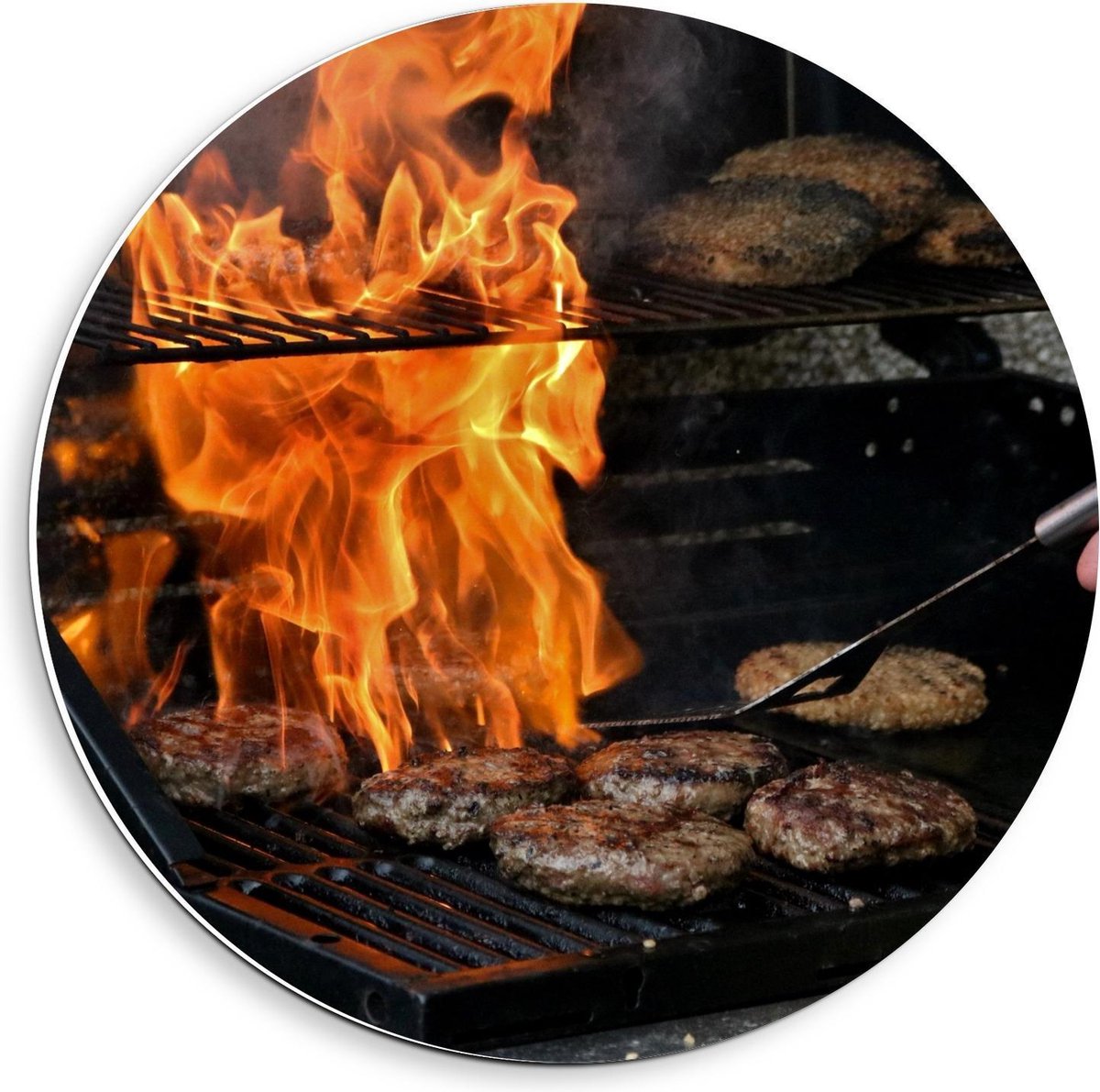 Forex Wandcirkel - Burgers en Vuur op de Barbecue - 40x40cm Foto op Wandcirkel (met ophang