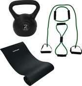 Tunturi - Fitness Set - Kettlebell 2 kg - Fitnessmat 160 x 60 x 0,7 cm - Tubing Set Groen