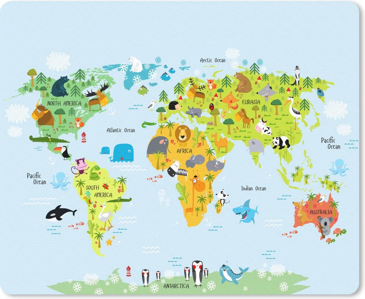 Muismat Eigen wereldkaarten - Wereldkaart voor kinderen Dieren muismat rubber - 23x19 cm - Muismat met foto