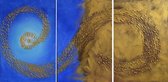 Schilderij goud blauw abstract 3 luik 90 x 60 Handgeschilderd - Artello - handgeschilderd schilderij met signatuur - schilderijen woonkamer - wanddecoratie - 700+ collectie Artello