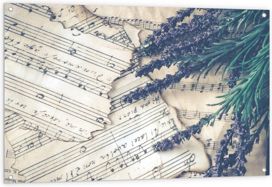 Tuinposter – Gescheurde Muzieknootbladeren met Bloemen - 120x80cm Foto op Tuinposter  (wanddecoratie voor buiten en binnen)