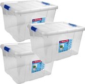 3x Opbergboxen/opbergdozen met deksel 25 liter kunststof transparant/blauw - 42 x 35 x 25 cm - Opbergbakken