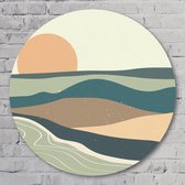 Muurcirkel ⌀ 80 cm - Groen Landschap met Ondergaande Zon | Abstract - Aluminium Dibond - Landschappen - Rond Schilderij - Wandcirkel - Wanddecoratie