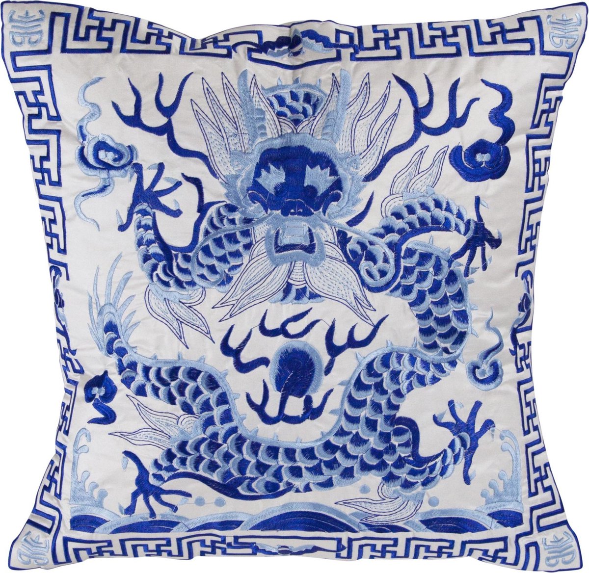 Fine Asianliving Chinese Kussen Volledig Geborduurd Wit Draak 45x45cm Zonder Vulling