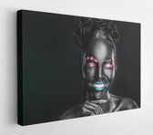 Portrait of beautiful young woman with surreal makeup on dark background - Modern Art Canvas - Horizontal - 1176061207 - 80*60 Horizontal