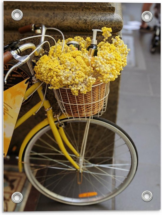 Tuinposter – Gele Bloemen in Fietsmandje - 30x40cm Foto op Tuinposter  (wanddecoratie voor buiten en binnen)