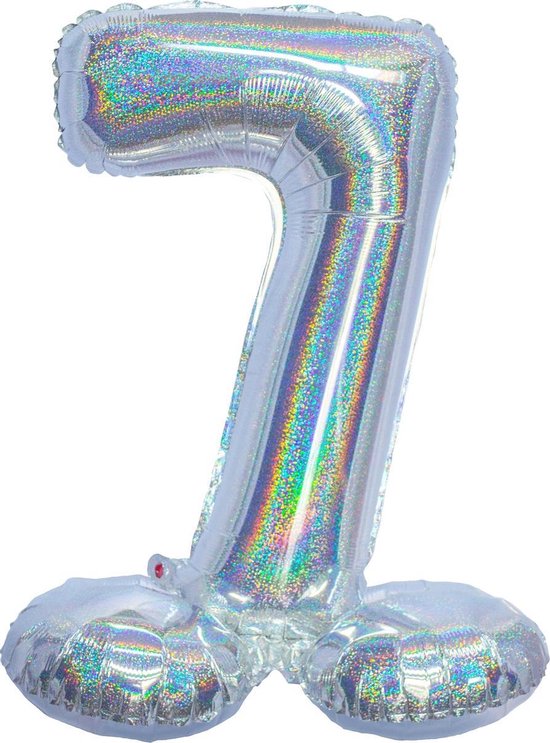 Folieballon cijfer 7 holografisch zilver 82 cm staand op voet