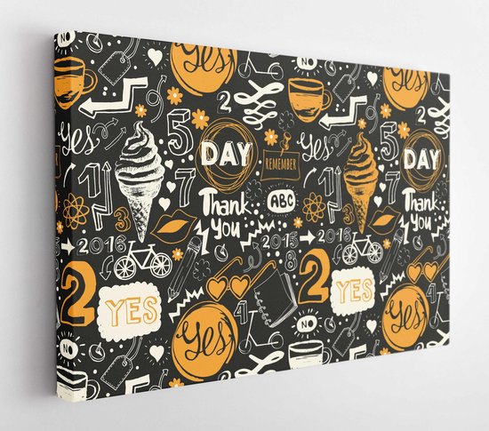 Seamless background with drink and food symbols. Menu pattern. Vector Illustration with funny lettering and labels on black. Decorative elements for your packing design. Multicolor. - Modern Art Canvas - Horitonzal - 355771856 - 50*40 Horizontal