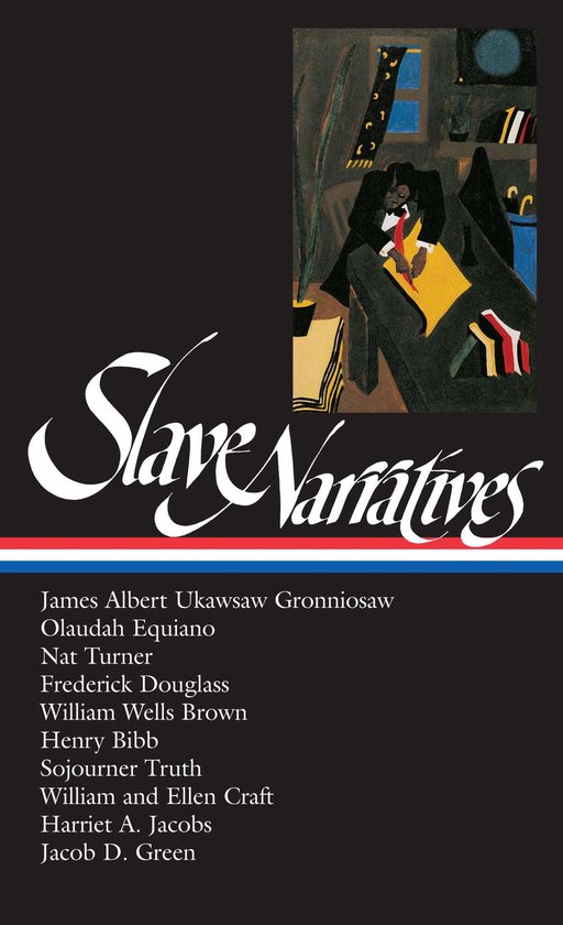 Boekomslag "Slave Narratives" met een illustratie van een figuur, namen van auteurs, en de tekst "Slave Narratives".