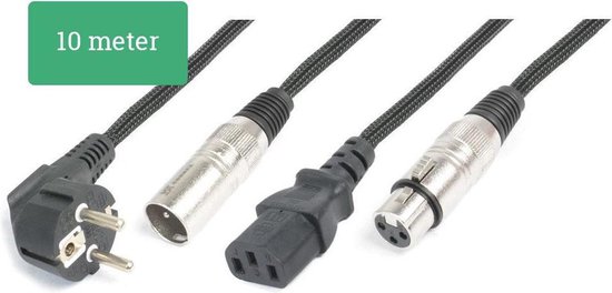 Zwarte 10 meter lange combikabel met aan beide zijden een XLR-connector, een C13-connector en een haakse stekker.
