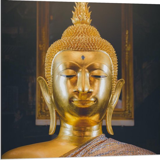 Dibond - Religieuze Gouden Buddha - 80x80cm Foto op Aluminium (Met Ophangsysteem)