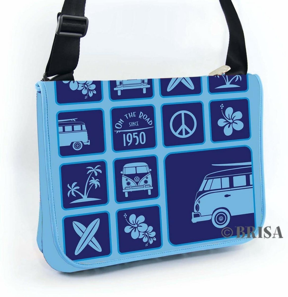 BRISA VW Collection - Volkswagen T1 Bulli Bus neopreen schoudertas voor laptops tot 15,6 inch (groot) - blauw