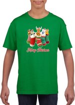 Kerst t-shirt / shirt kids - Merry Christmas dieren kerstsokken groen voor kinderen - kerstkleding / christmas outfit XL (164-176)