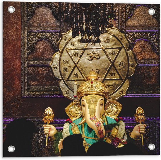 Tuinposter – Gouden olifantenbeeld in Religieus Gebouw - 50x50cm Foto op Tuinposter  (wanddecoratie voor buiten en binnen)