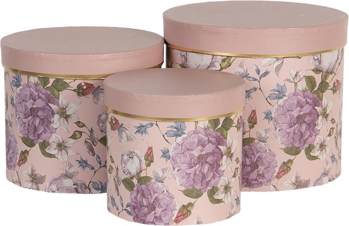 Clayre & Eef Hoedendoos Set van 3 Ø 20x17 / Ø 17x15 / Ø 14x13 cm Roze Karton Bloemen