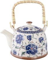 Clayre & Eef Théière avec filtre 700 ml Bleu Céramique Rond Fleurs Pichet pour le thé