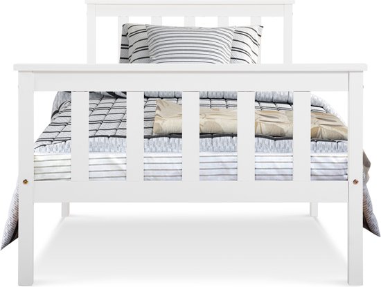 Merax Houten Eenpersoonsbed 90x200 cm - Massief Bed van Hout met Lattenbodem - Wit