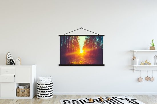 Posterhanger incl. Poster 120x80 cm - Schoolplaat - Zonsondergang - Bomen - Bos - Natuur - Textielposter - Zwarte latten