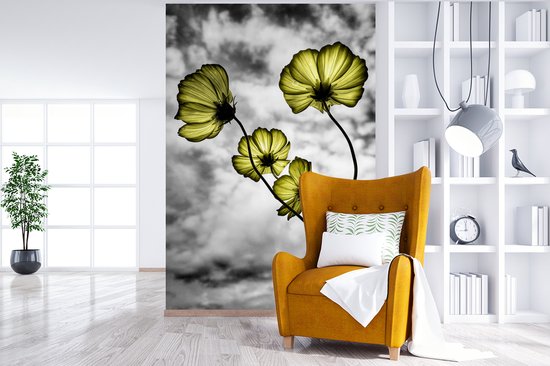 Papier Peint - Papier Papier peint photo Fleurs - Zwart - Wit - Jaune - Largeur 170 cm x Hauteur 260 cm