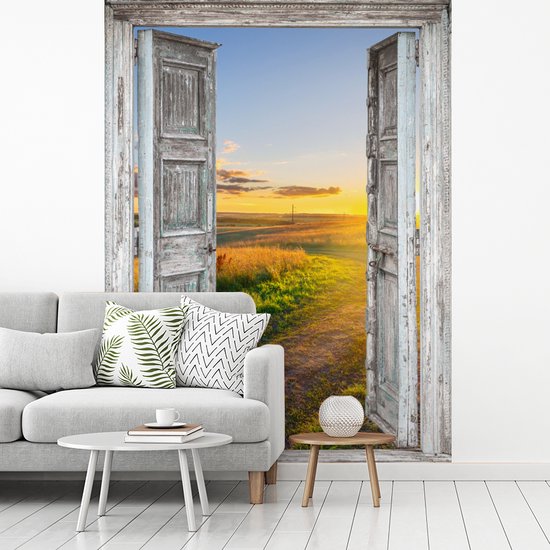 Behang - Fotobehang Doorkijk - Platteland - Landschap - Zon - Breedte 195 cm x hoogte 260 cm