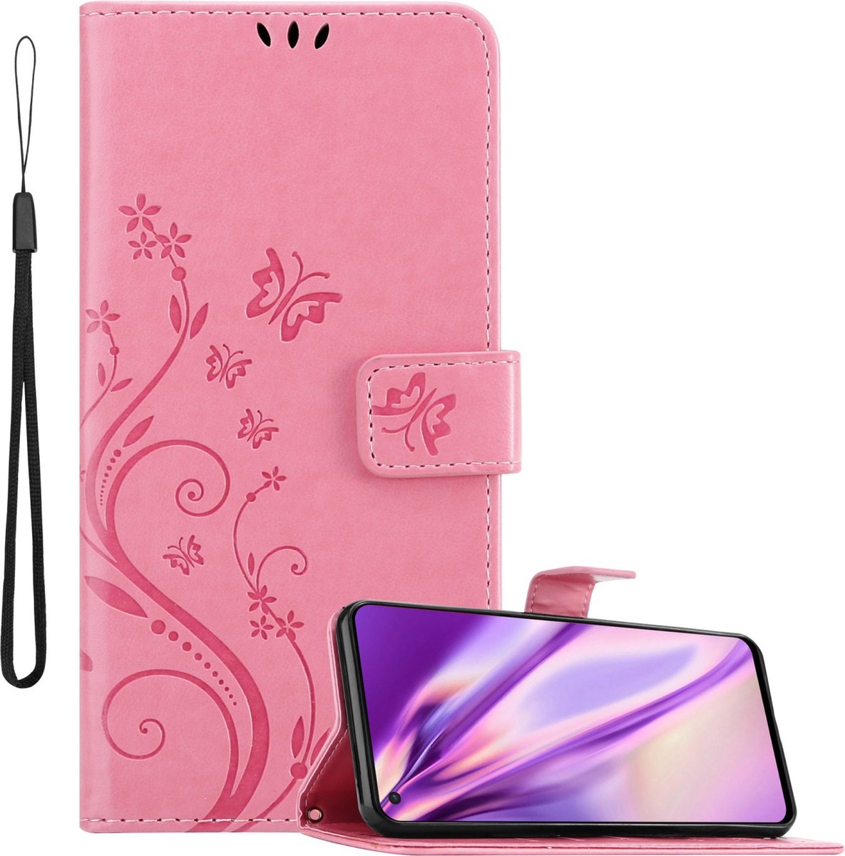 Cadorabo Hoesje geschikt voor OnePlus Nord 2 5G in BLOEMEN ROZE - Beschermhoes in bloemmotief met magnetische sluiting, standfunctie en kaartsleuven Book Case Cover Etui