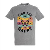 T-shirt Find the happy - Grey Melange T-shirt - Maat XXL - T-shirt met print - T-shirt heren - T-shirt dames