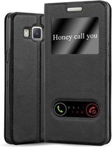 Cadorabo Hoesje geschikt voor Samsung Galaxy A5 2015 in KOMEET ZWART - Beschermhoes met magnetische sluiting, standfunctie en 2 kijkvensters Book Case Cover Etui