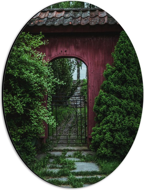 Dibond Ovaal - Rode Poort Doorgang - 30x40 cm Foto op Ovaal (Met Ophangsysteem)
