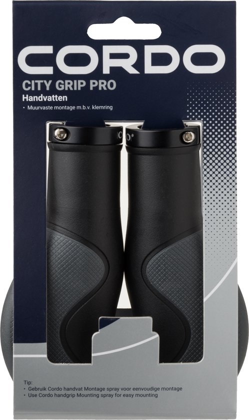 Verpakking met twee zwarte CORDO City Grip Pro handvatten met grijze ergonomische gripzones en klemband montage.