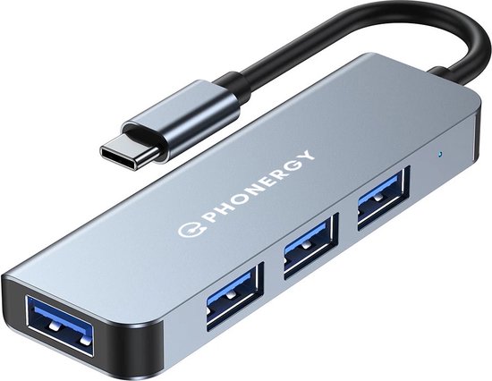 Zilverkleurige Phonergy USB C hub met 4 USB 3.0 poorten en een gebogen kabel.
